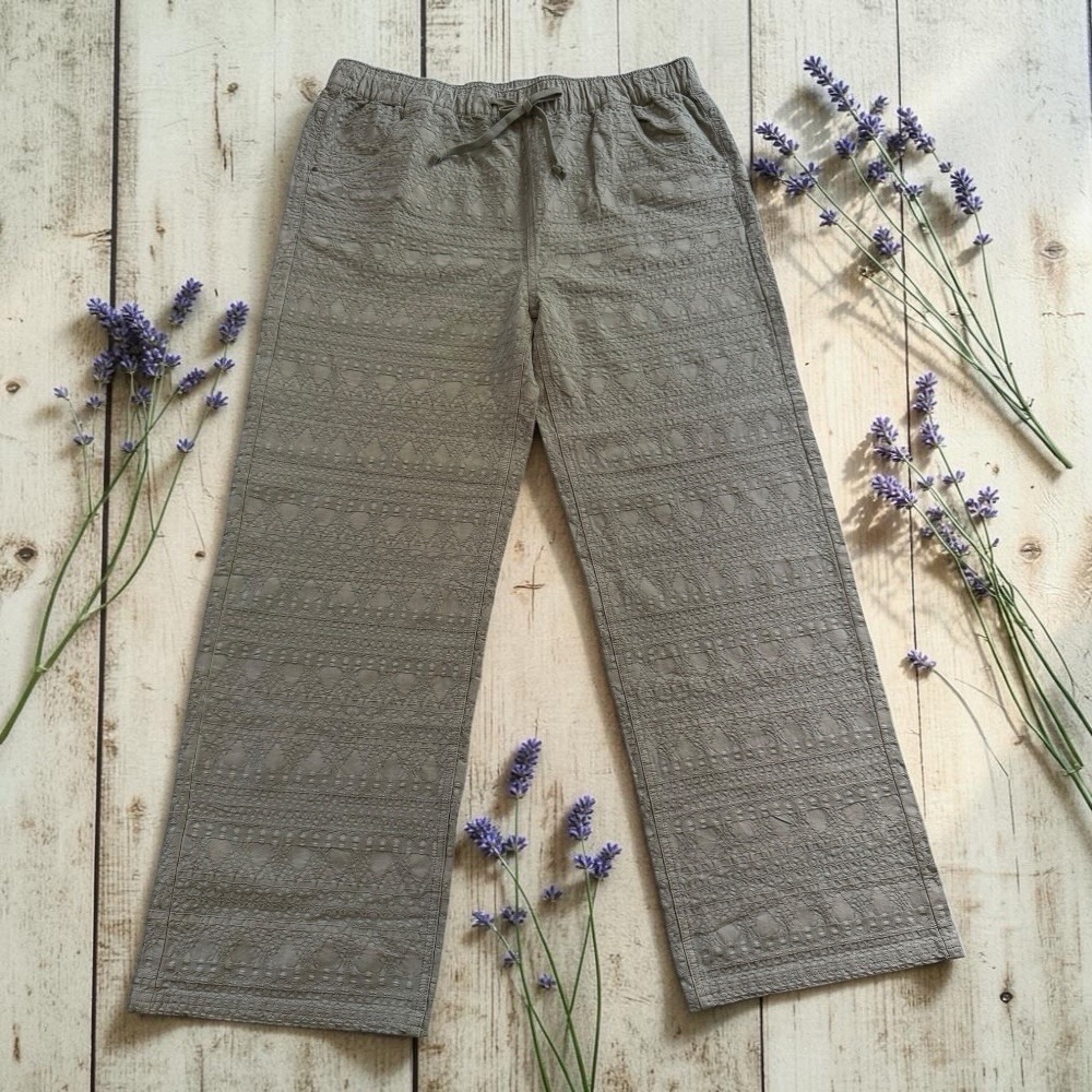 Carbon 2 Cobalt Sage Green Eyelet Textured Drawstring Wide Leg Pants Womens L